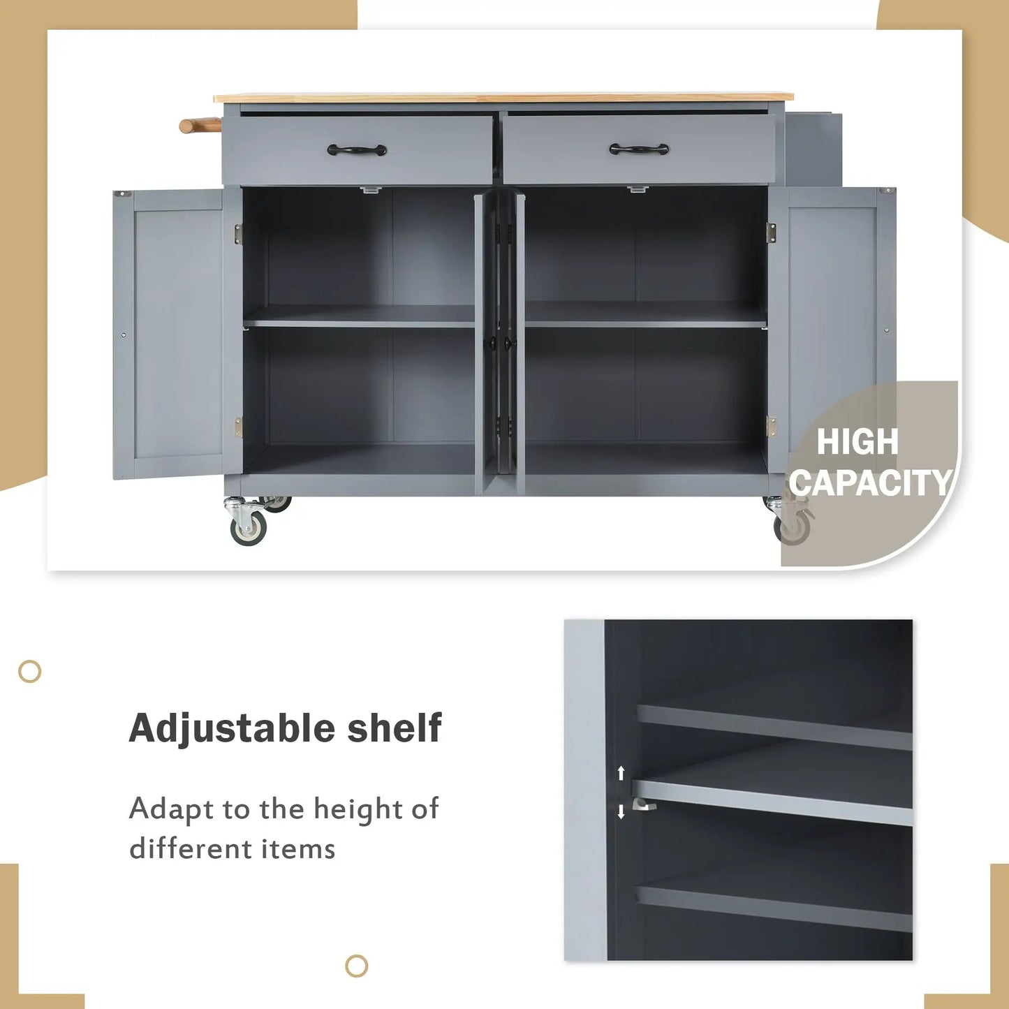 Kitchen island cart with solid wood top in grey-blue, two drawers and lower cabinet on casters on Tampa Home & Garden Store