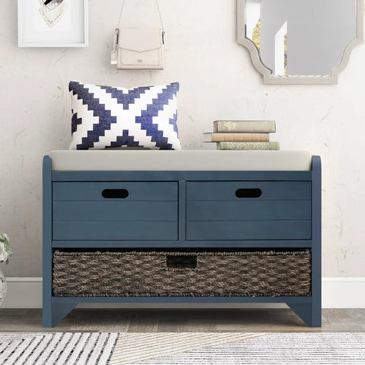 Trexm Navy Storage Bench with Removable Basket; blue shoe bench with gray top and woven basket on Tampa Home & Garden Store