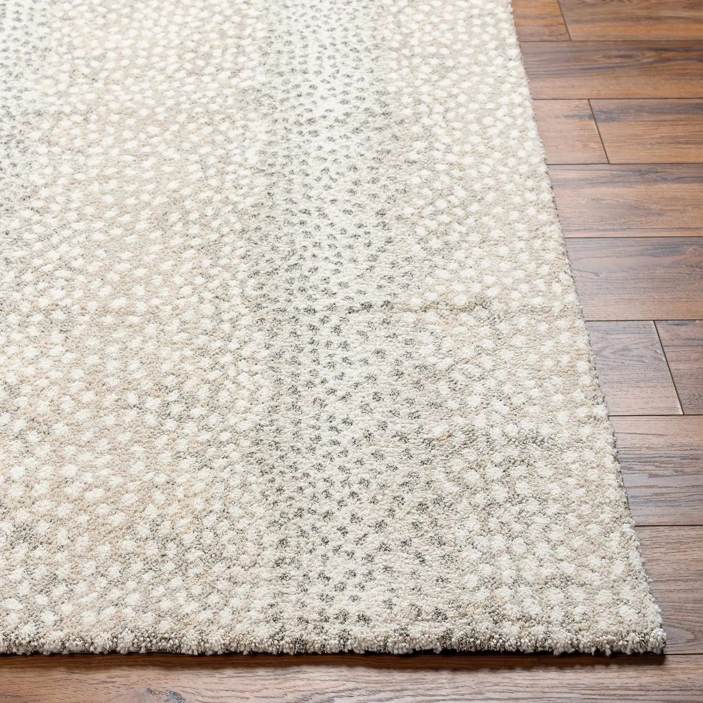 Daiva Luxe Rug beige cream textured loop pattern, machine-woven Turkish rug on wood floor on Tampa Home & Garden Store