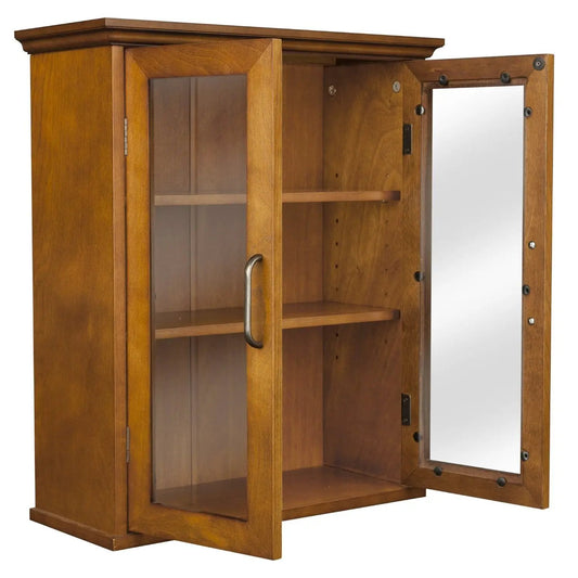 Oak finish bathroom wall cabinet with glass doors, interior shelves and a mirrored door panel on Tampa Home & Garden Store