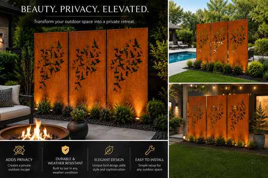 Outdoor metal privacy panels by Rustica Ornamentals, heavy-duty rust-orange steel, 3-panel fence on Tampa Home & Garden Store