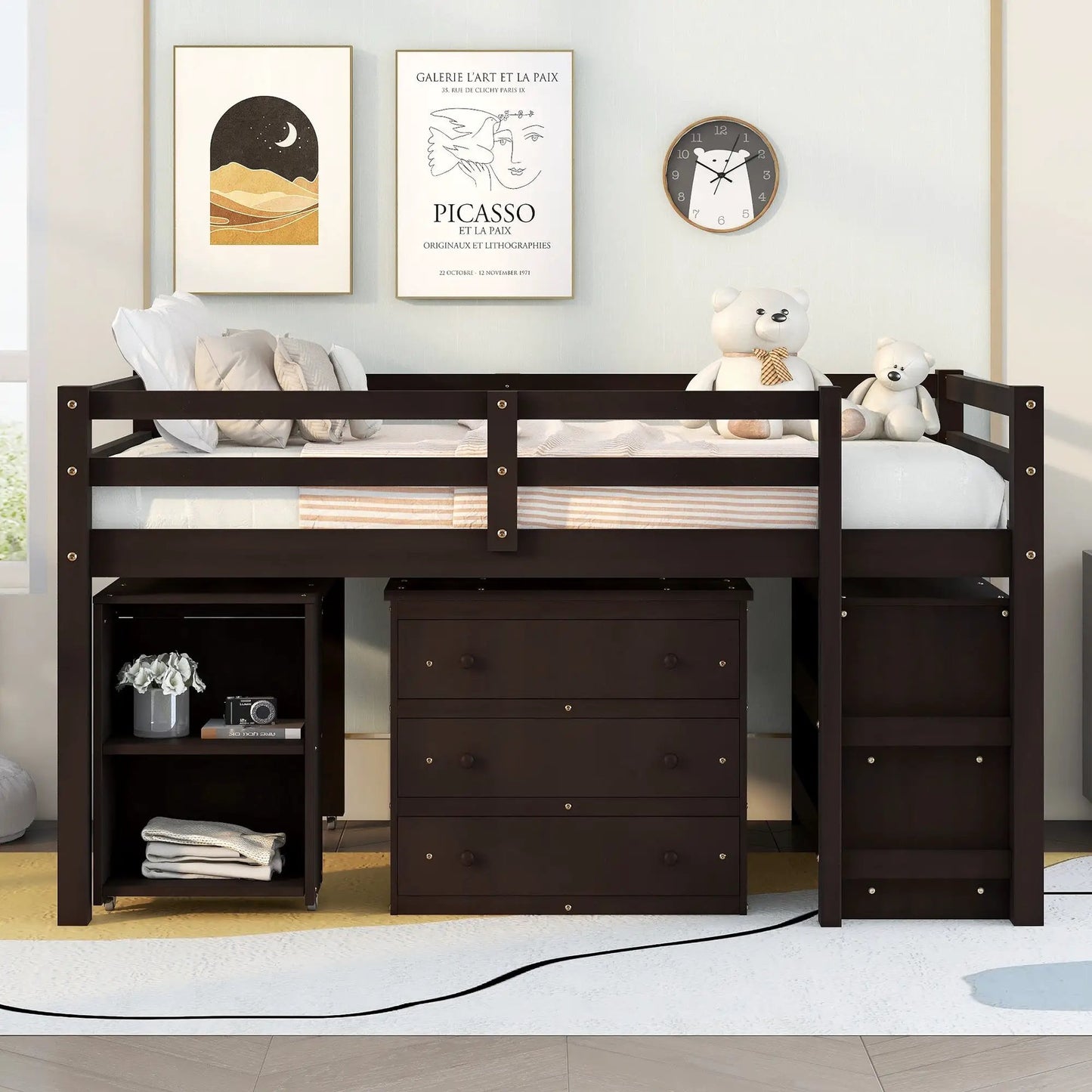 Loft bed with cabinet shelves and desk in espresso finish, dark wood frame with drawers on Tampa Home & Garden Store