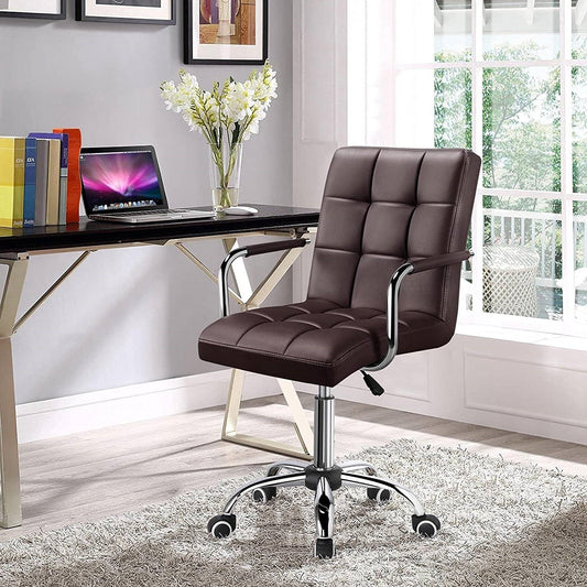 Dark Brown Modern Faux Leather Mid-Back Office Chair with Armrests and Wheels - Tampa Home & Garden Store