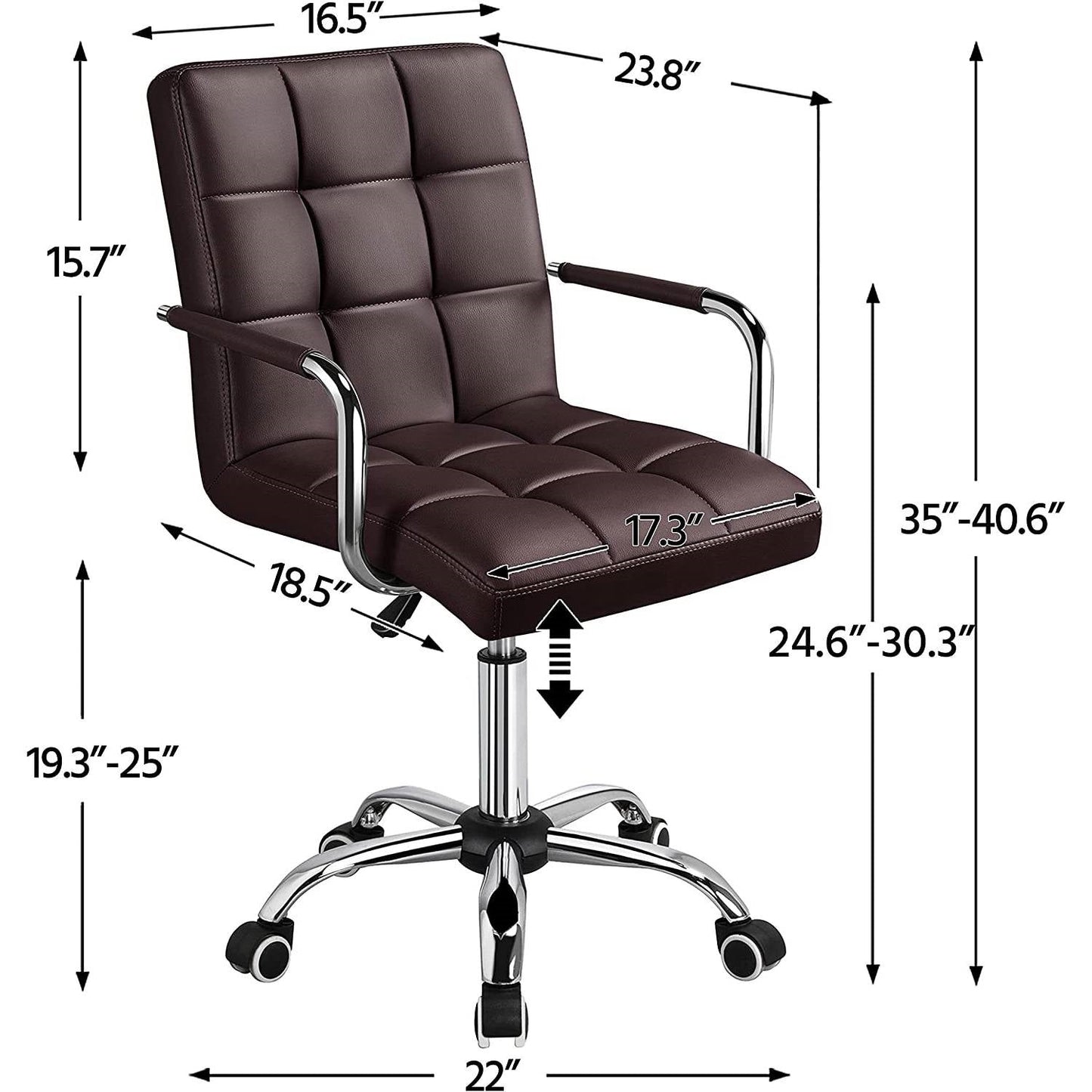 Silla de oficina marrón oscuro de piel sintética moderna con respaldo medio, reposabrazos y ruedas