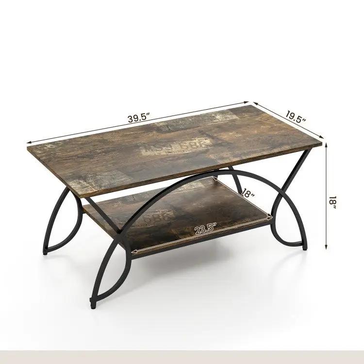 Rustic Farmhouse 2 Tier Brown Wood Coffee Table with Curved Metal Legs - Tampa Home & Garden Store