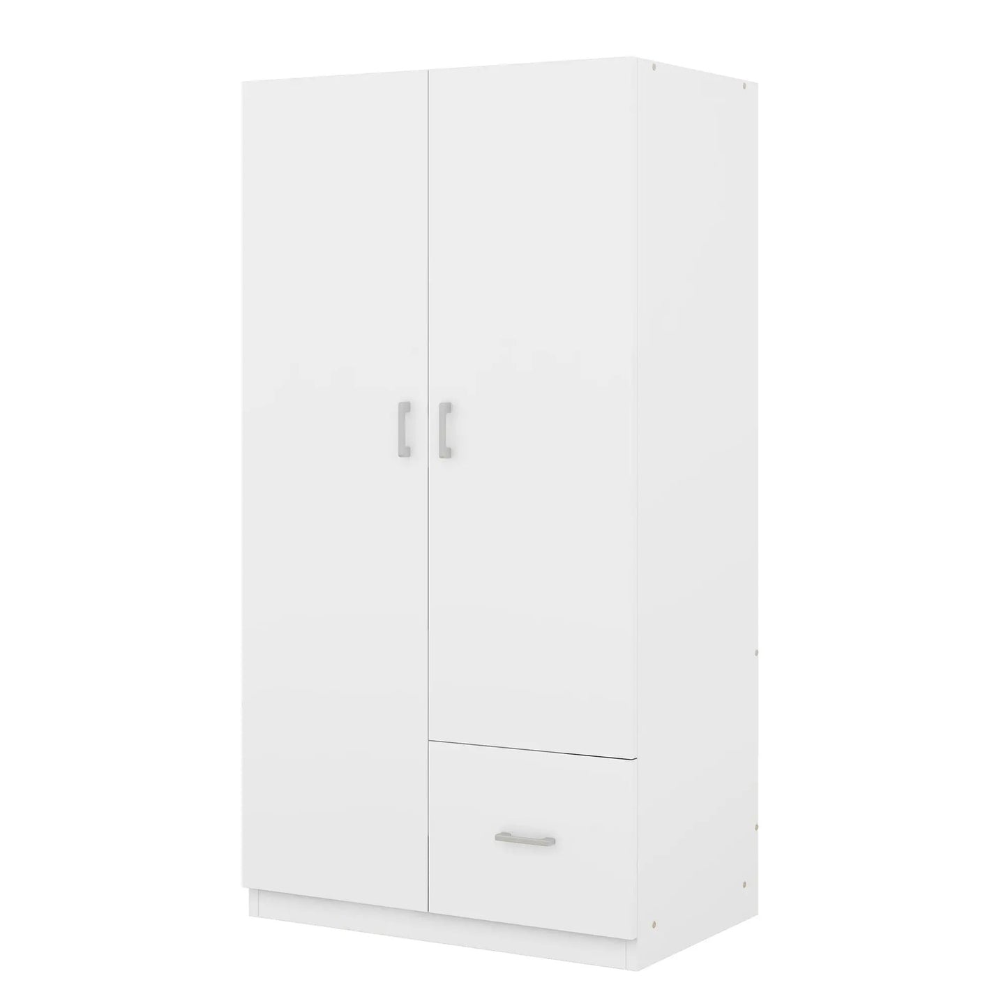 White wooden wardrobe with double doors, silver handles, bottom drawer on Tampa Home & Garden Store