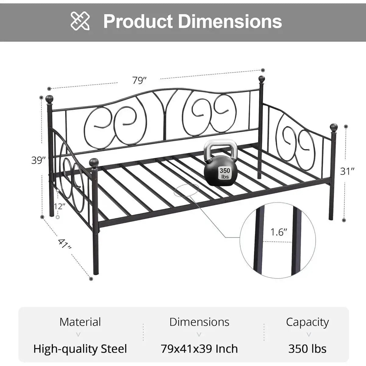 Twin size French Country Style Black Metal Day Bed Frame - Tampa Home & Garden Store