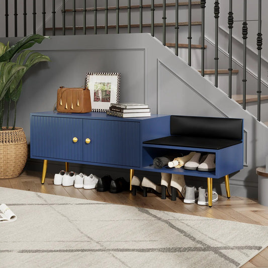 Navy blue shoe storage bench with hidden compartment and gold legs in an entryway on Tampa Home & Garden Store