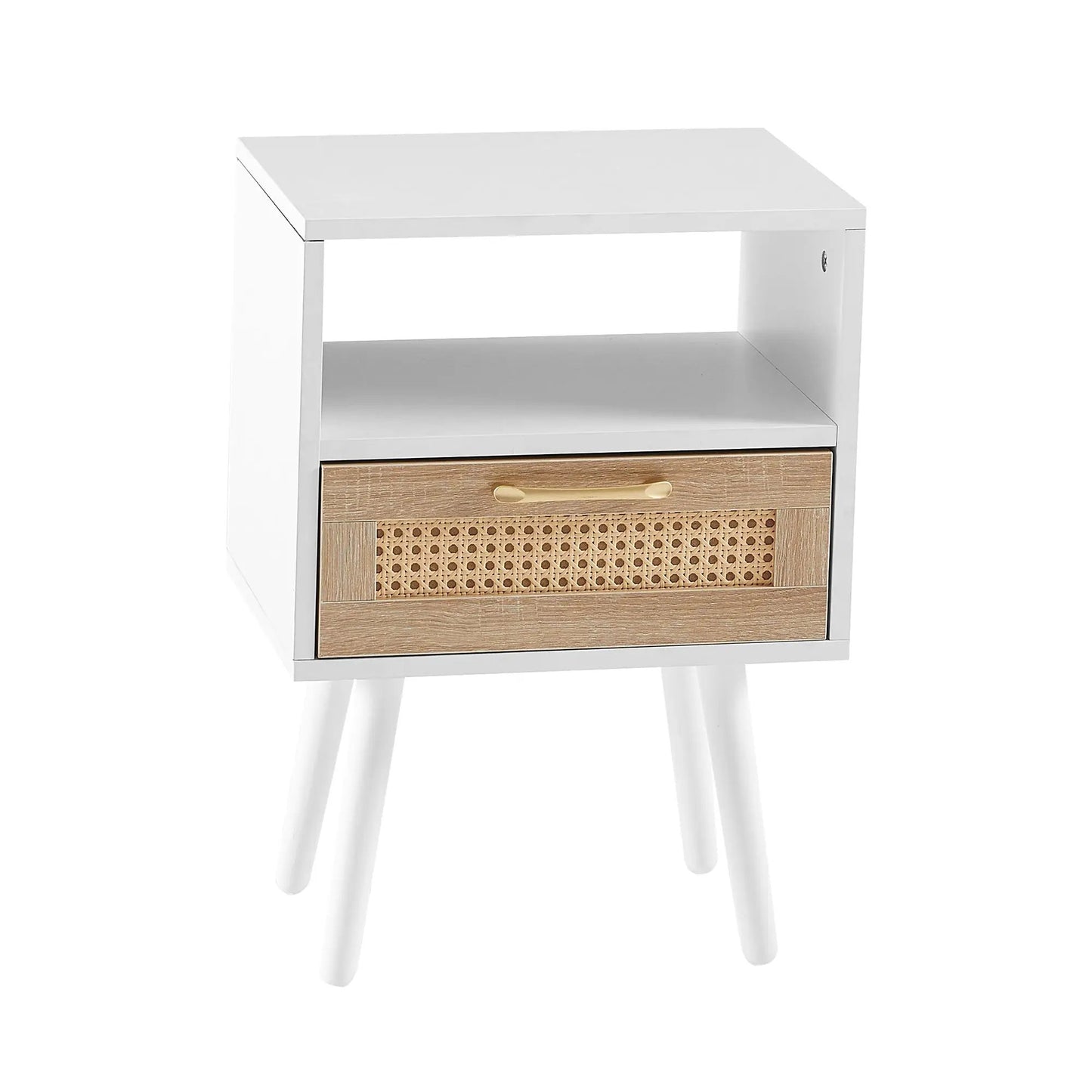 Mesita auxiliar de ratán de 15,75" con cajón y patas de madera maciza. Mesa de noche moderna para sala de estar, color blanco.