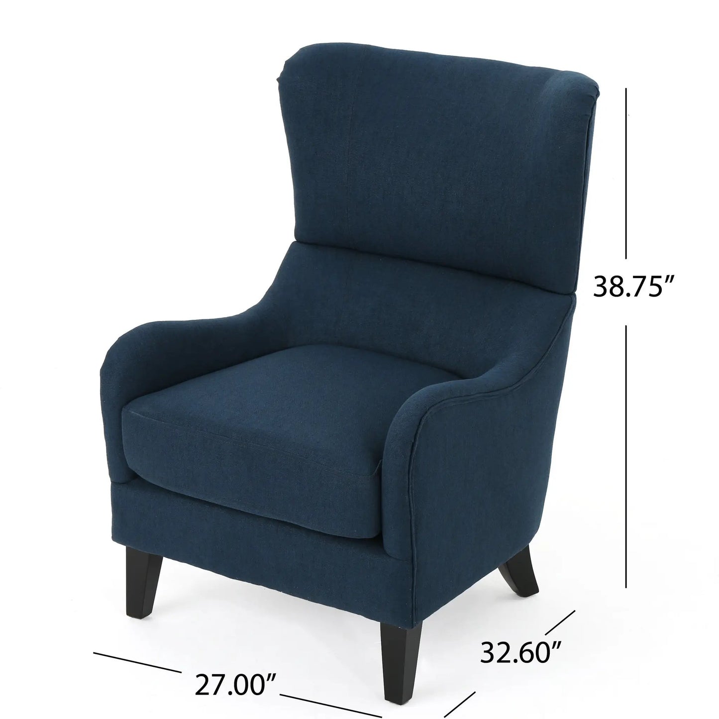 Blue upholstered hi-back Quentin sofa chair with dark wood legs on Tampa Home & Garden Store