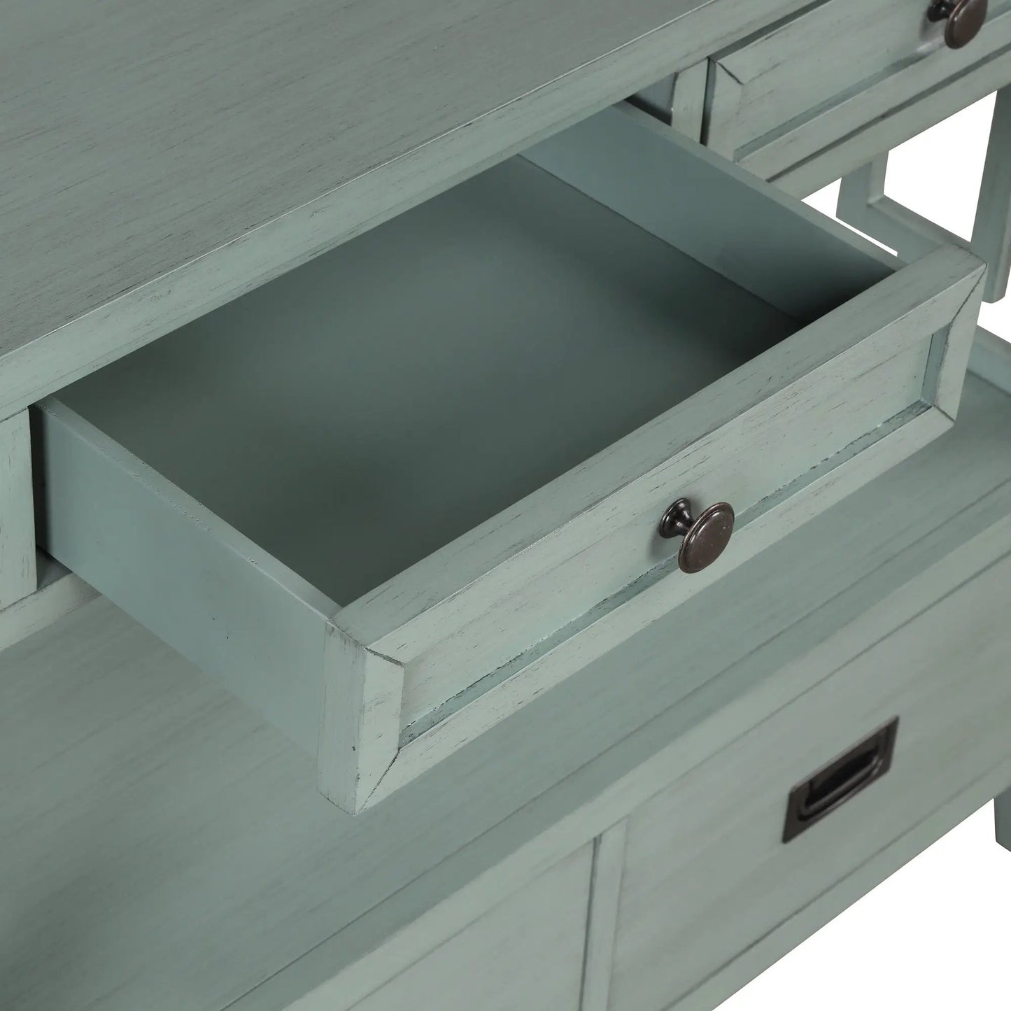 36-Inch Farmhouse Pine Console Table with Drawers in distressed blue finish, open drawer on Tampa Home & Garden Store