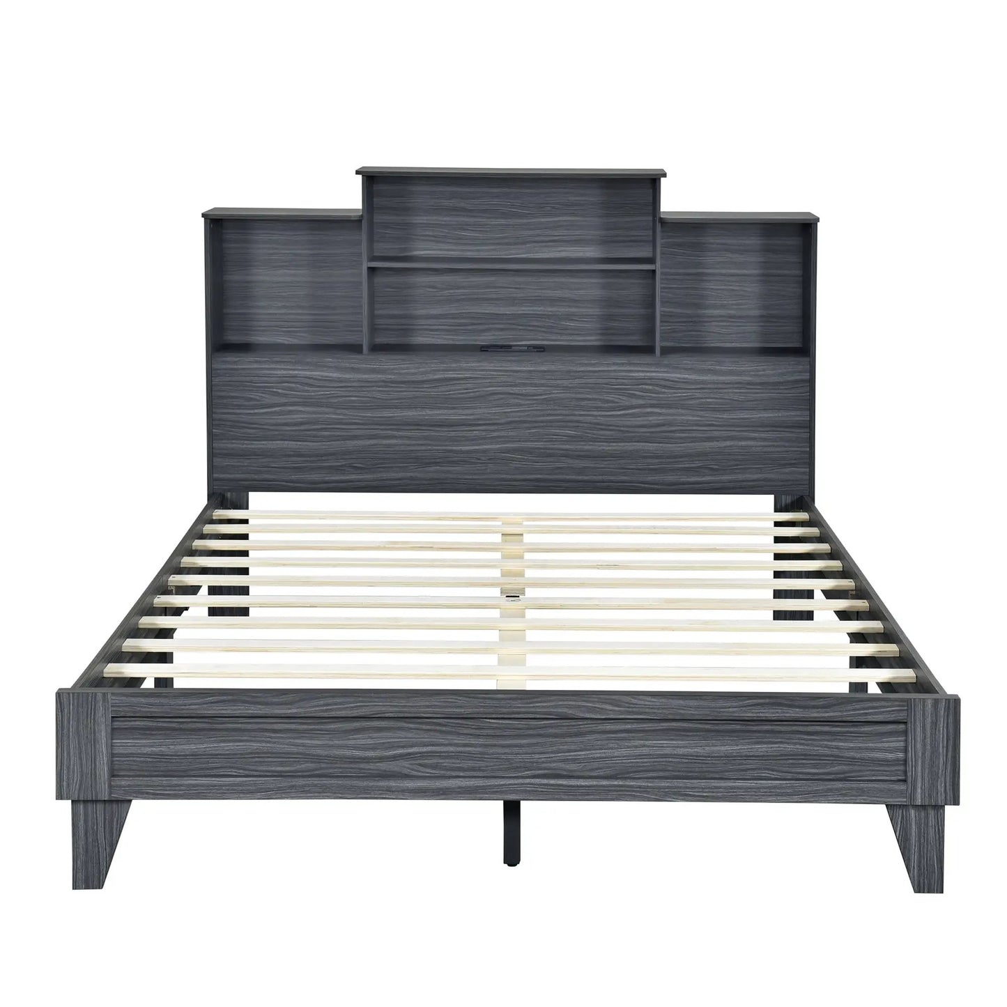 Queen size storage platform bed with USB charging, dark gray wood grain headboard shelves on Tampa Home & Garden Store