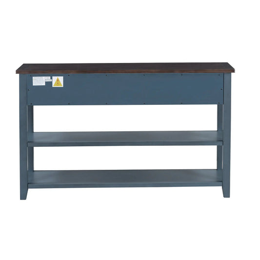 Retro design console table with two open shelves, blue metal frame and dark wood top on Tampa Home & Garden Store