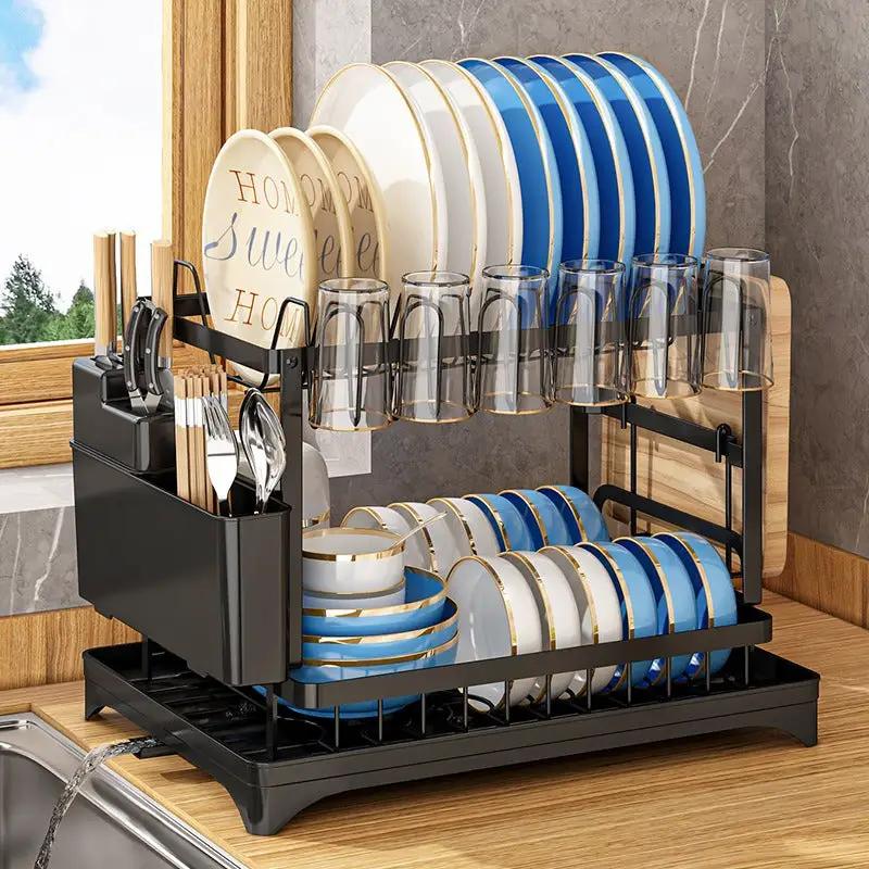 Kitchen Dish Rack and Utensil Storage Rack metal frame with blue and white dishes on Tampa Home & Garden Store