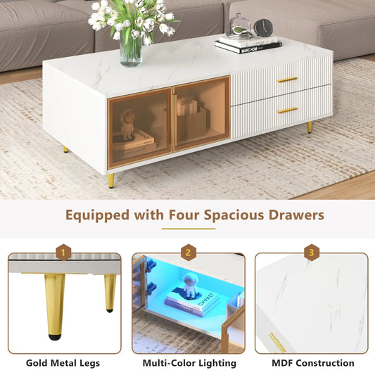 Modern White Coffee Table with Glass Door Storage, white marble top, gold legs on Tampa Home & Garden Store
