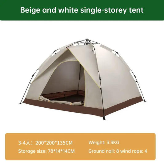 Auto Open Camping Tent beige and white pop-up shelter with brown base 3-4 person capacity on Tampa Home & Garden Store