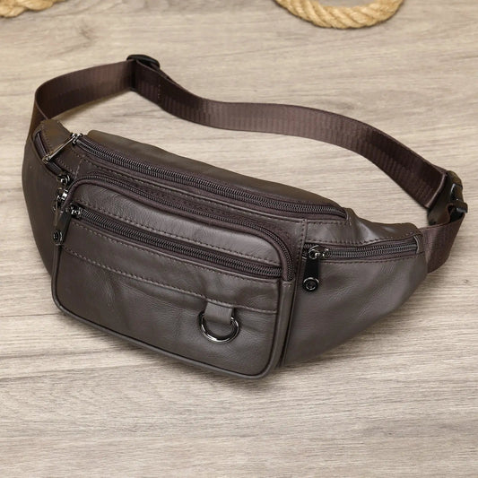 Men's Sheepskin Waist Bag crossbody in brown with zip pockets and adjustable strap on Tampa Home & Garden Store