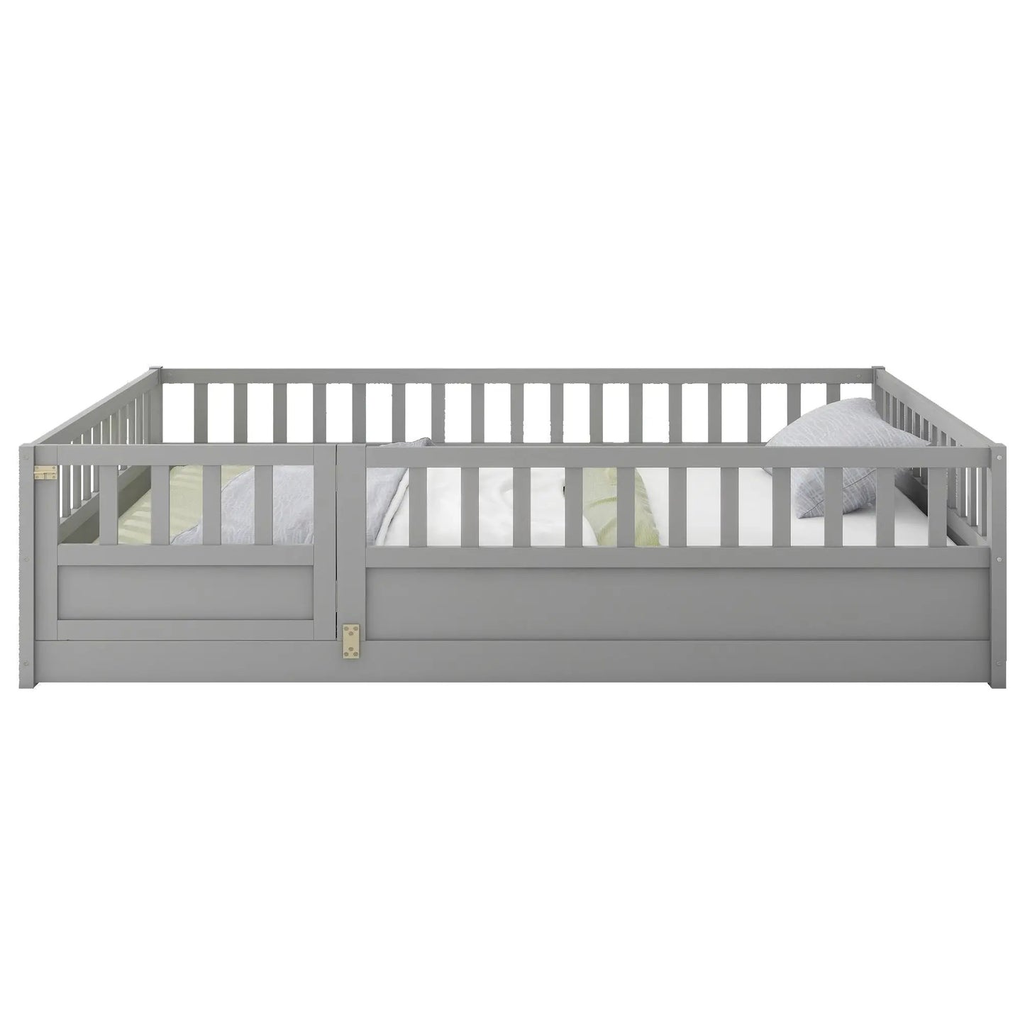 Lit de sol pleine grandeur, cadre de lit de sol pour enfants, lit de sol Montessori en bois, support lattes plates grises