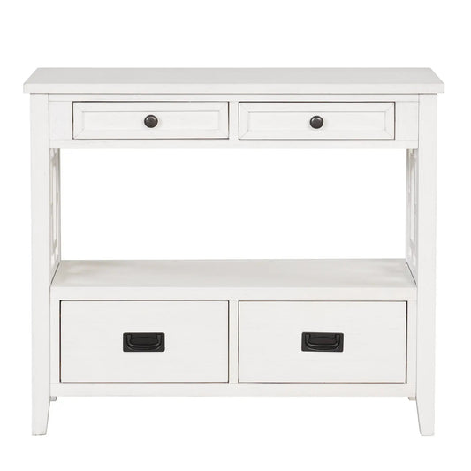 36-inch whitewashed farmhouse pine console table with four drawers and dark metal hardware on Tampa Home & Garden Store