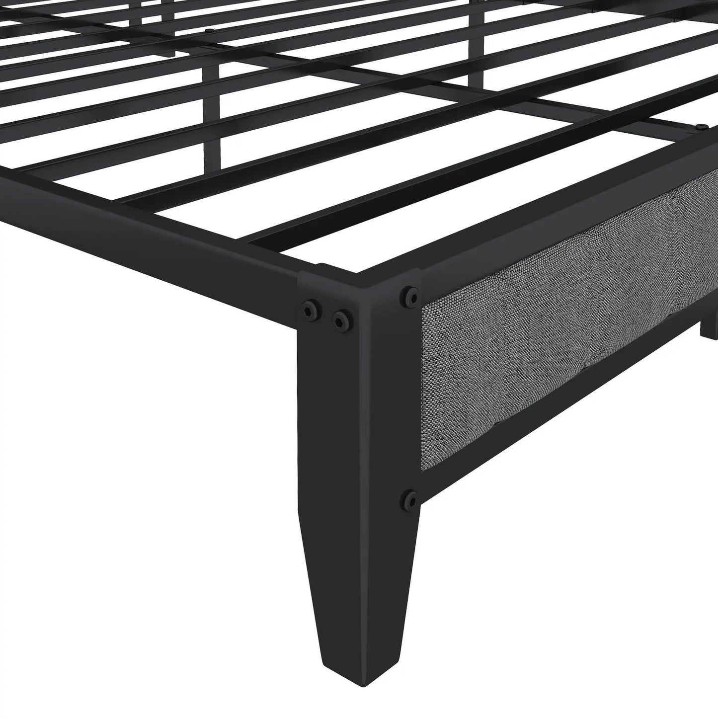 Marco de cama tamaño Queen con estación de carga, cabecero tapizado, plataforma de metal, gris