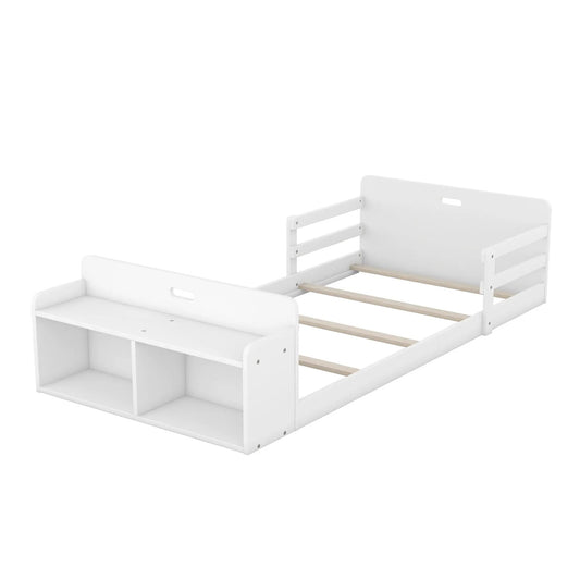 Twin floor bed with storage footboard and guardrail, white platform bed frame with slat system on Tampa Home & Garden Store