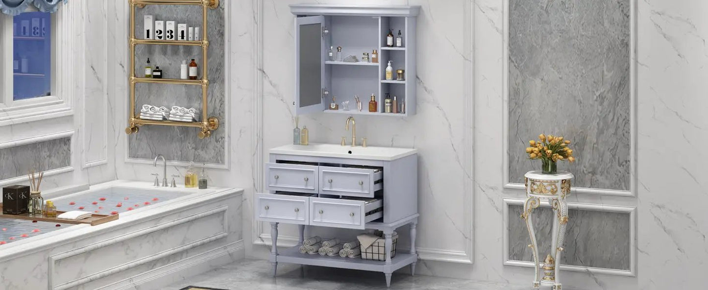 36 inch blue vanity with medicine cabinet, white top, drawers, gold hardware, marble bath on Tampa Home & Garden Store