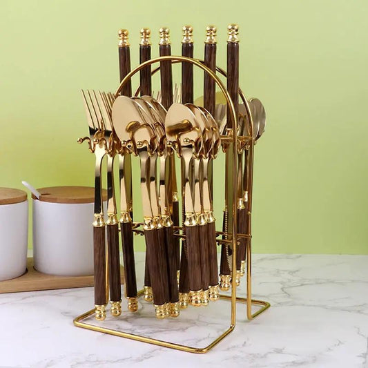 410 Stainless Steel Knife Fork Spoon Set 24 Piece with dark wood handles, gold finish on Tampa Home & Garden Store