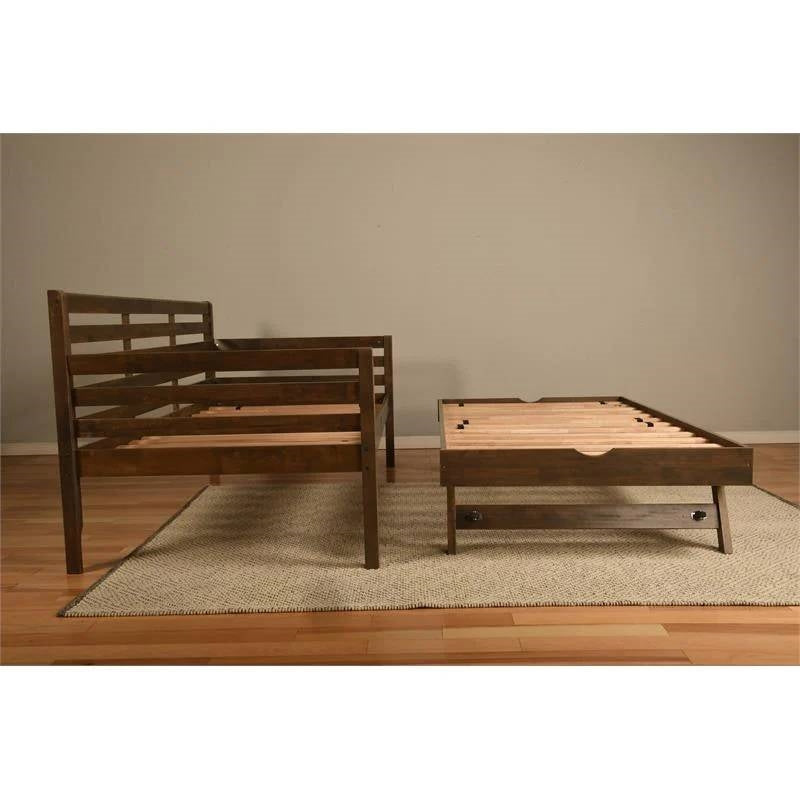 Cama de día de madera maciza con nido elevable doble en acabado nogal