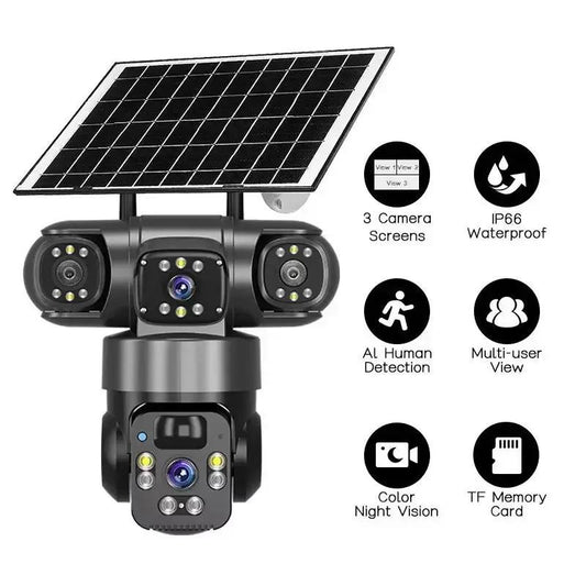 V380 360-Degree Solar-Powered Wireless Camera with solar panel and three-lens setup on Tampa Home & Garden Store