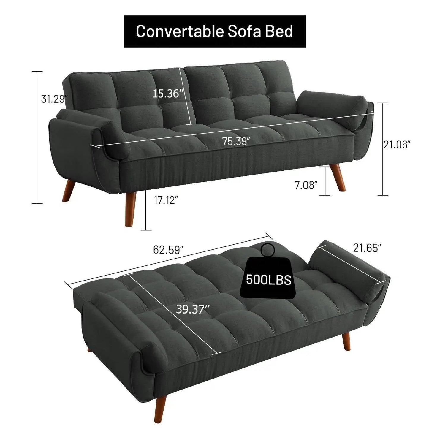 Mid-Century Modern Sofa Bed in Dark Grey Linen Polyester Tufted Upholstery - Tampa Home & Garden Store
