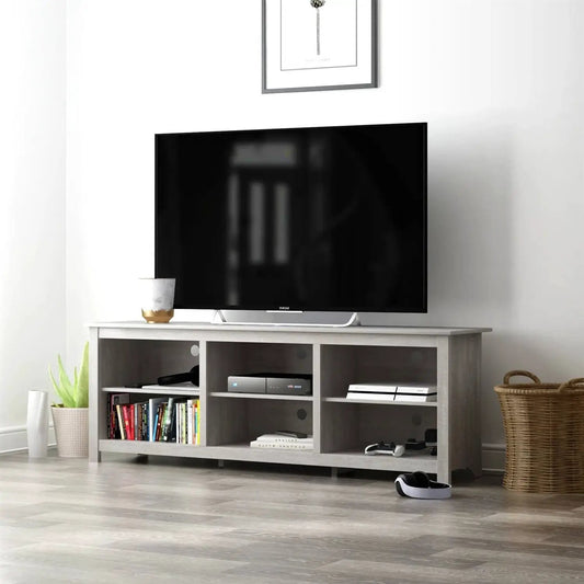 Farmhouse Style TV Stand in light grey oak finish with open cubbies for TVs up to 70-inch on Tampa Home & Garden Store