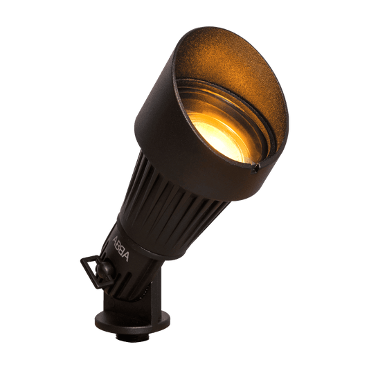 DL02 12V outdoor spotlight 5W 2700K, black aluminum with ARBA branding on Tampa Home & Garden Store