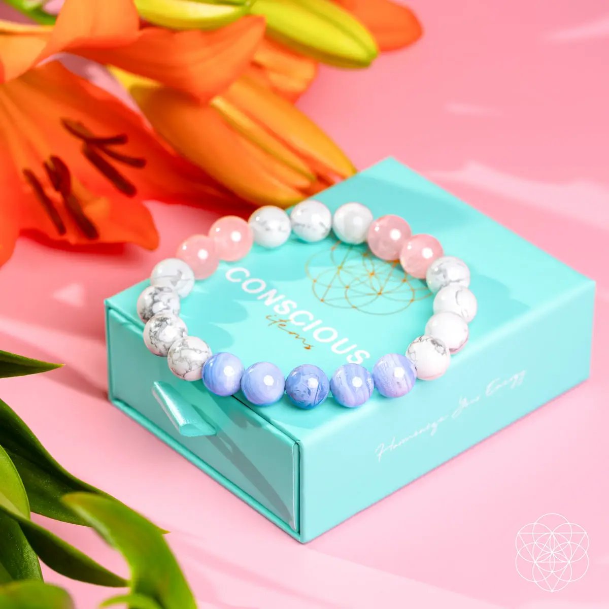 Bracelet 3AM Thoughts Off Deep Sleep Trio white marble beads pink lavender Conscious Items box on Tampa Home & Garden Store