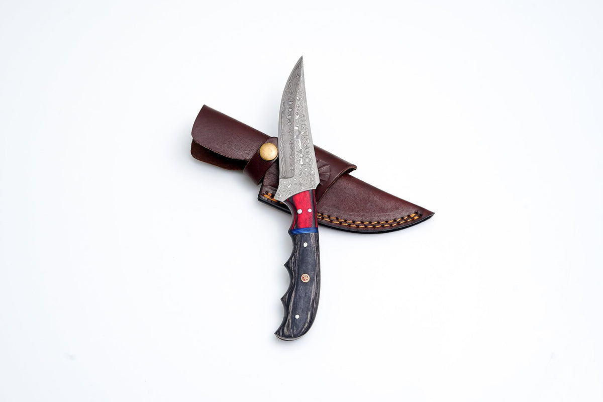 Damascus steel hunting knife with diamond wood scales by Titan Int'l K in brown sheath on Tampa Home & Garden Store