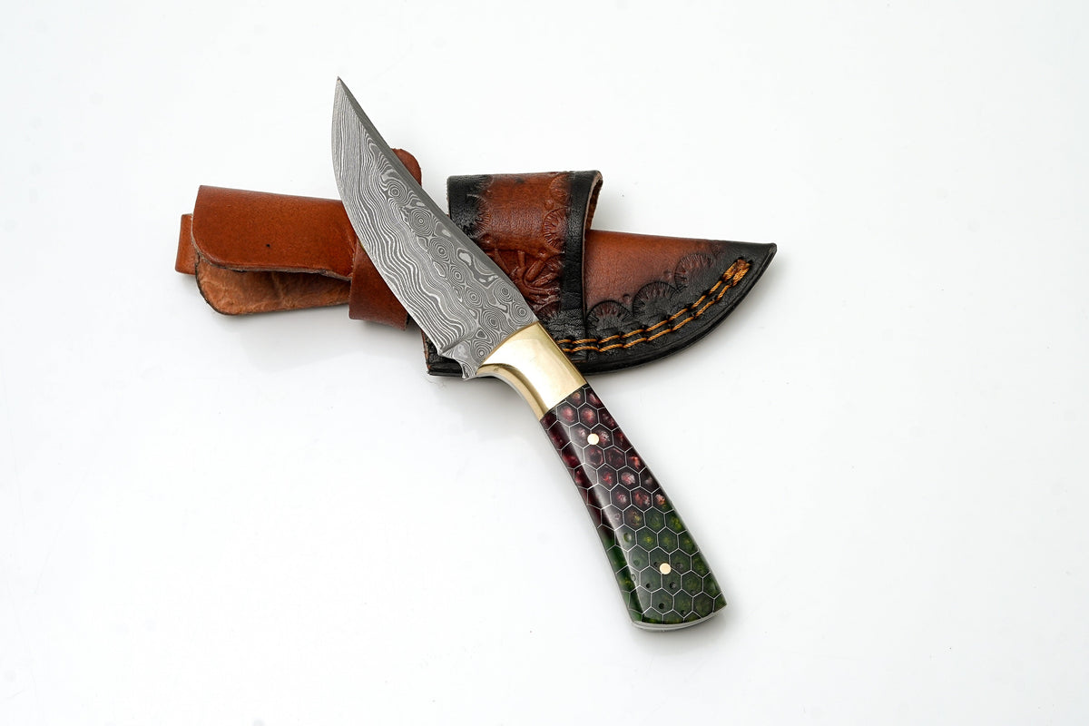 Damascus field knife with red-green honeycomb resin handle brass bolster leather sheath on Tampa Home & Garden Store