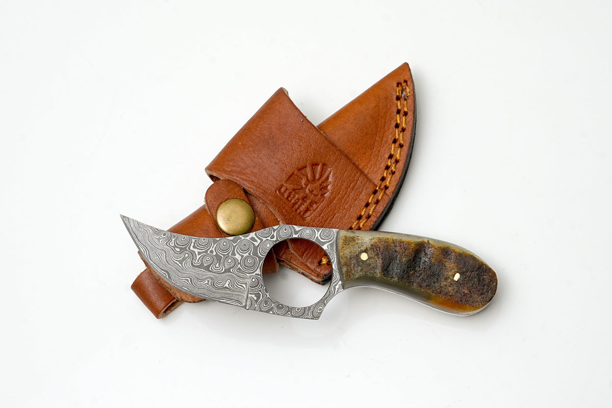 Hand-forged Damascus ring skinner knife with natural ram-horn handle and finger-loop TK-472 on Tampa Home & Garden Store