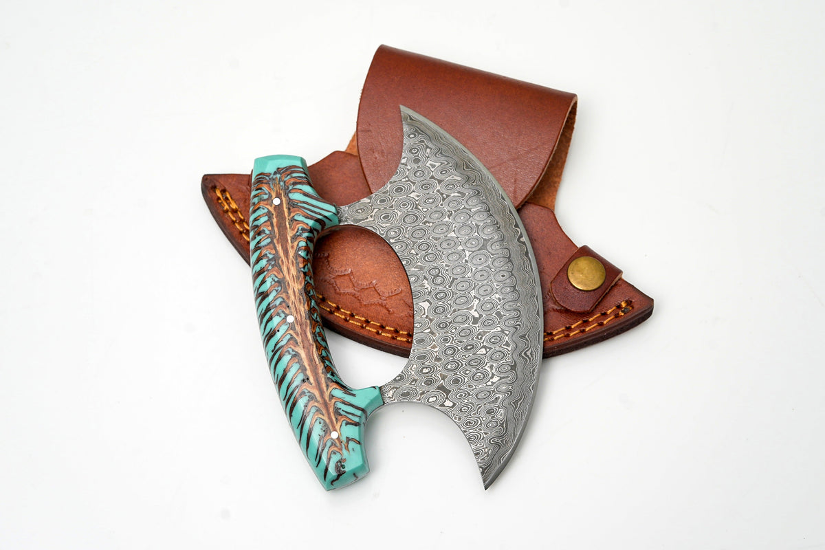 Damascus ulu knife with teal pinecone handle and crescent blade in sheath Titan TK-487 on Tampa Home & Garden Store