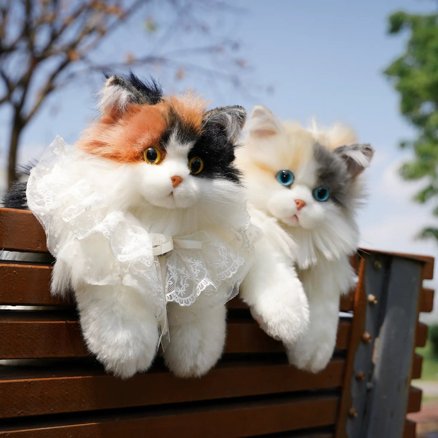 Fairy Light Calico Cat Backpack Plush: two cats with lace dresses on a railing on Tampa Home & Garden Store