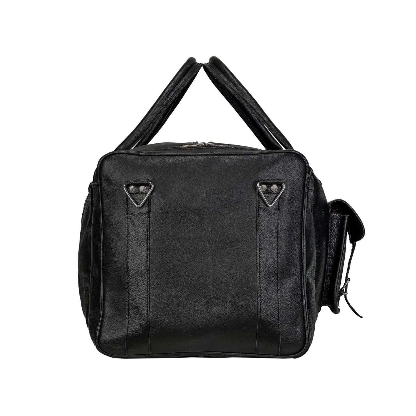 Oversized Weekender Duffel Bag in black leather with dual top handles and metal hardware on Tampa Home & Garden Store