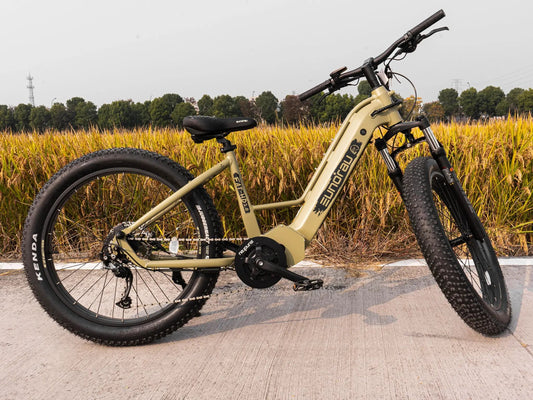Fat HD 2.0 Fat Tire Electric Bike Hunter X7 on tan frame with front suspension by EUNORAU on Tampa Home & Garden Store