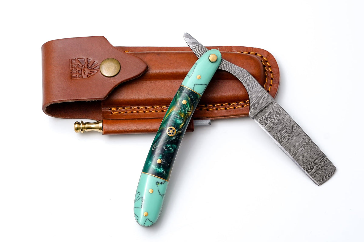 Damascus straight razor TK-529 with turquoise marbled handle, brass pins, and leather sheath on Tampa Home & Garden Store