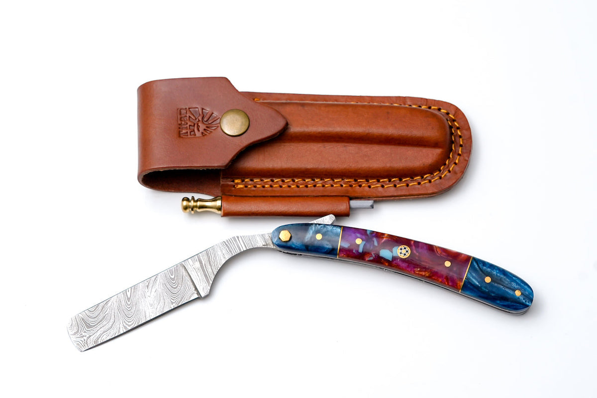 Damascus straight razor TK-437 with blue purple resin handle and brass pins, leather sheath on Tampa Home & Garden Store