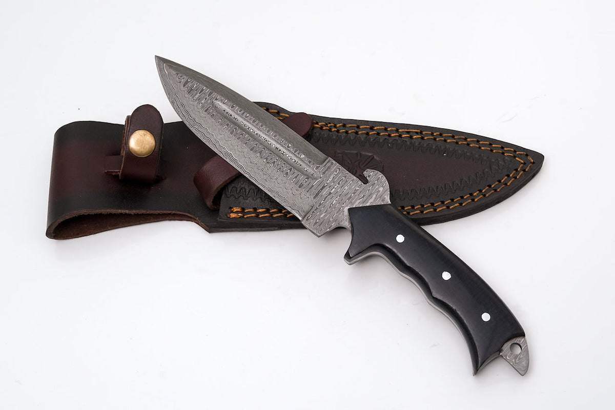 TD-018 Titan Int'l K damascus fixed-blade knife with black handle and leather sheath on Tampa Home & Garden Store
