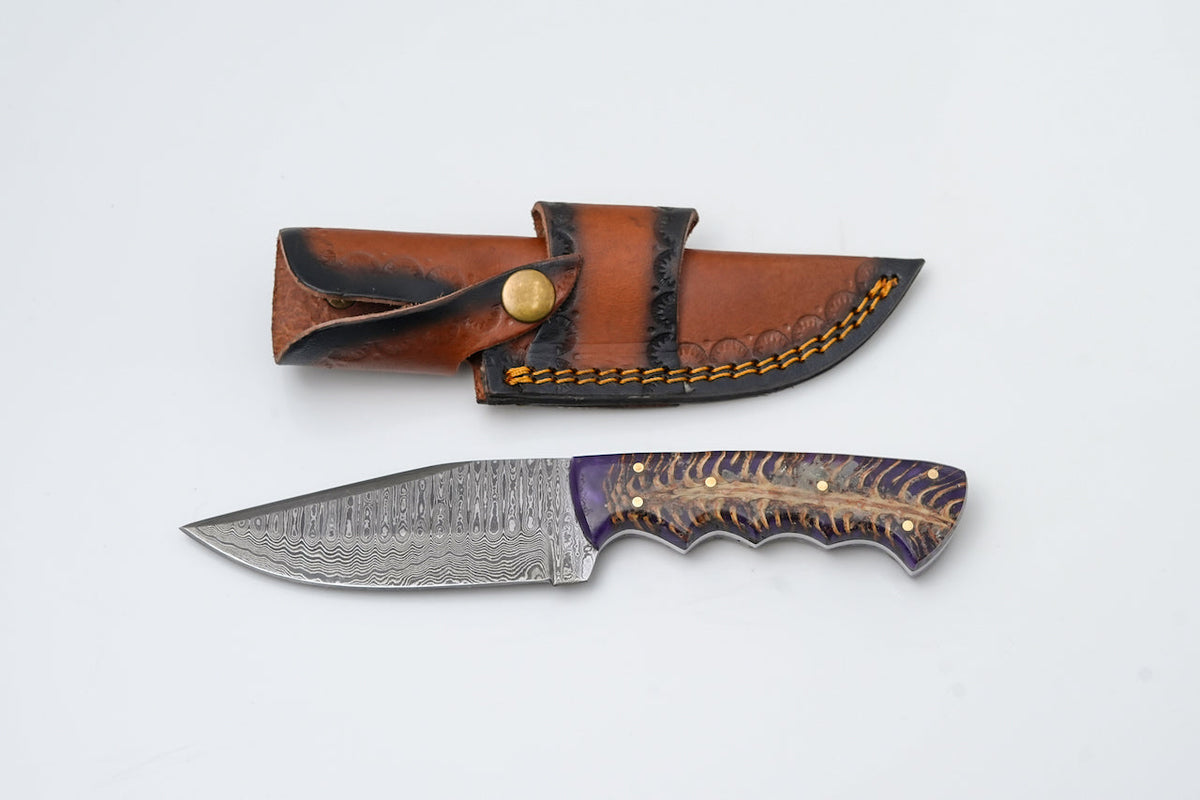 Ironfang Damascus Hunter Knife TK-457 damascus blade purple burl wood handle on Tampa Home & Garden Store