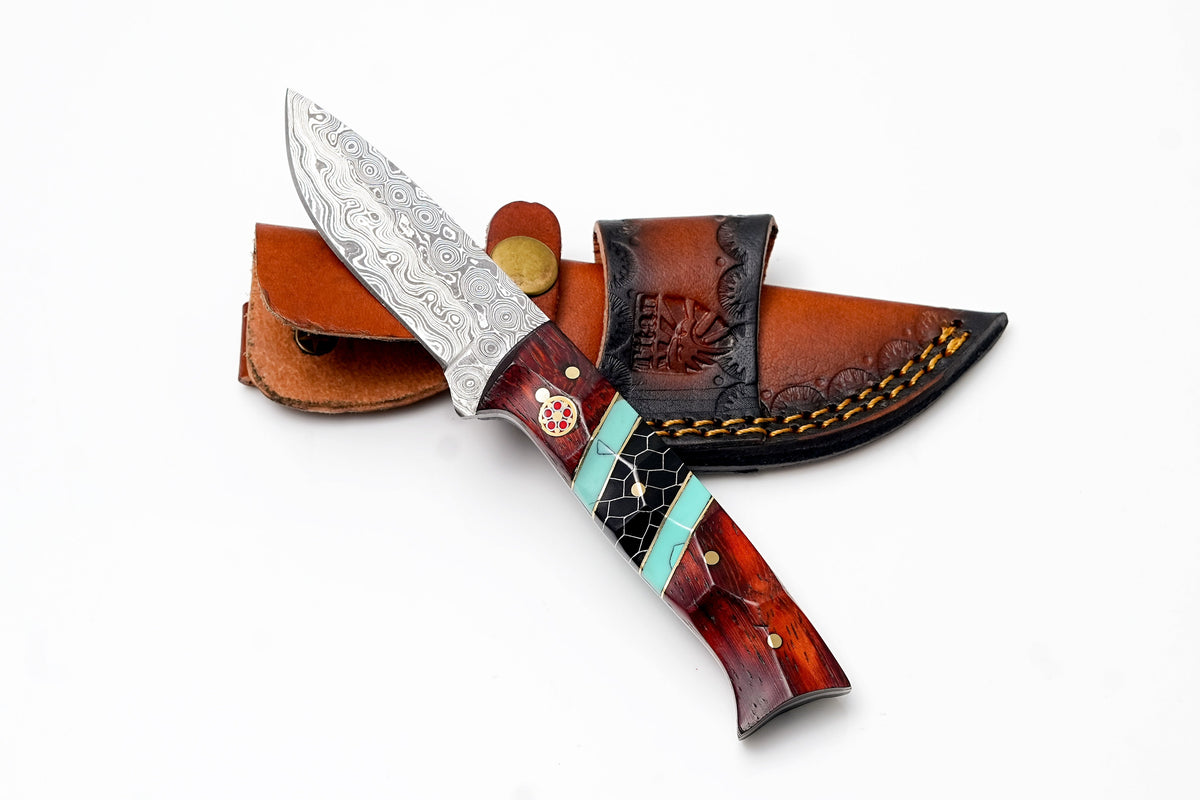 Custom Damascus Drop Point Hunter knife with rosewood turquoise inlay honeycomb handle sheath on Tampa Home & Garden Store