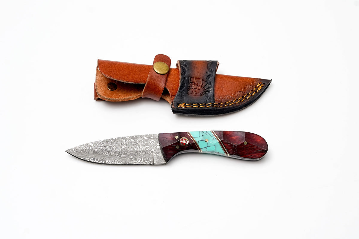 Damascus drop point hunter knife sheath with tan leather and brass snap hand-stitched edge on Tampa Home & Garden Store