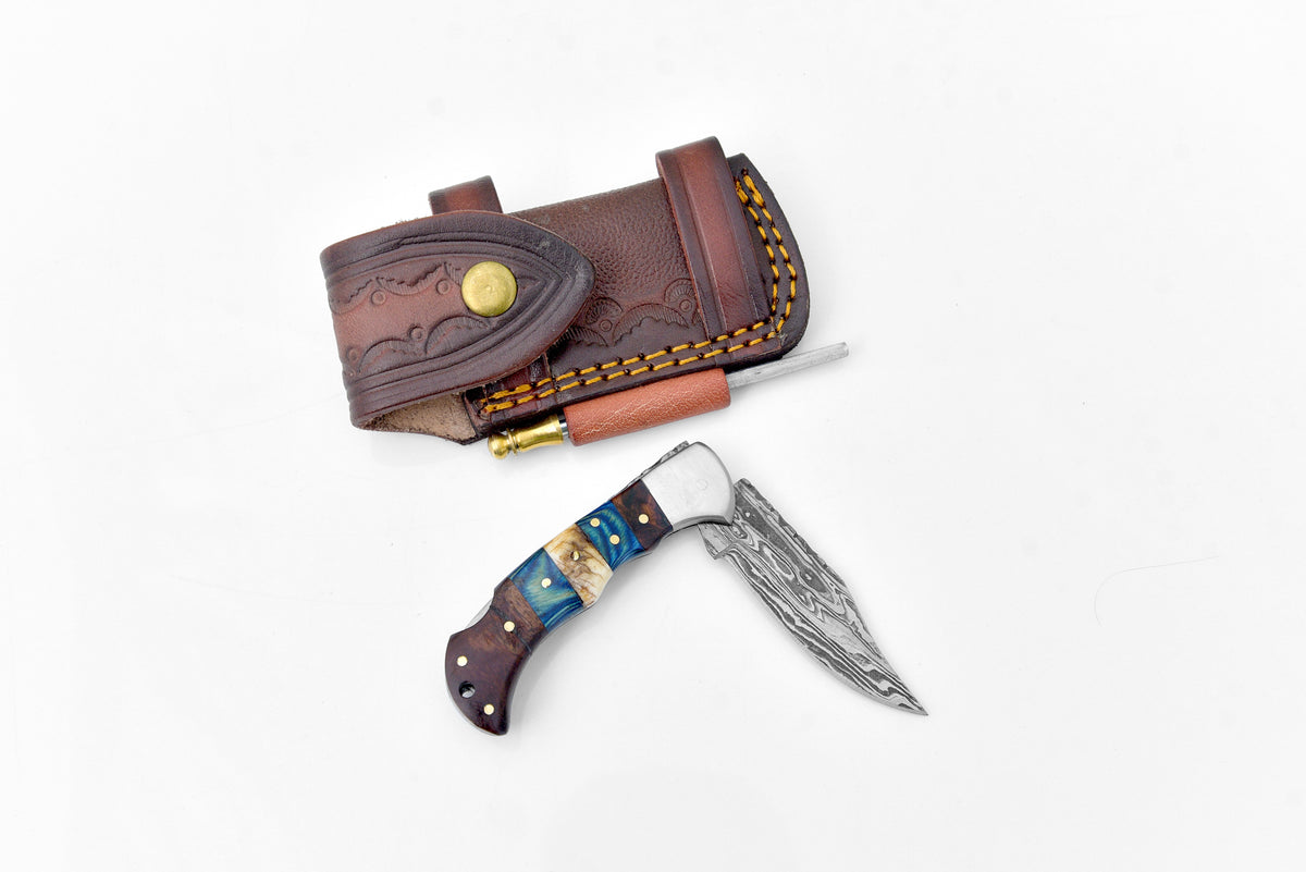 Damascus steel pocket knife TF-071 by Titan International K with brown leather sheath on Tampa Home & Garden Store