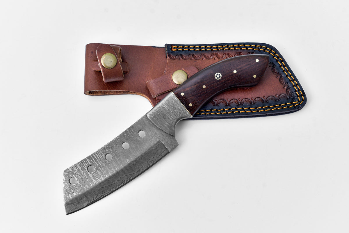 Titan Highland Cleaver TK-220 Damascus steel knife with wood handle and leather sheath on Tampa Home & Garden Store
