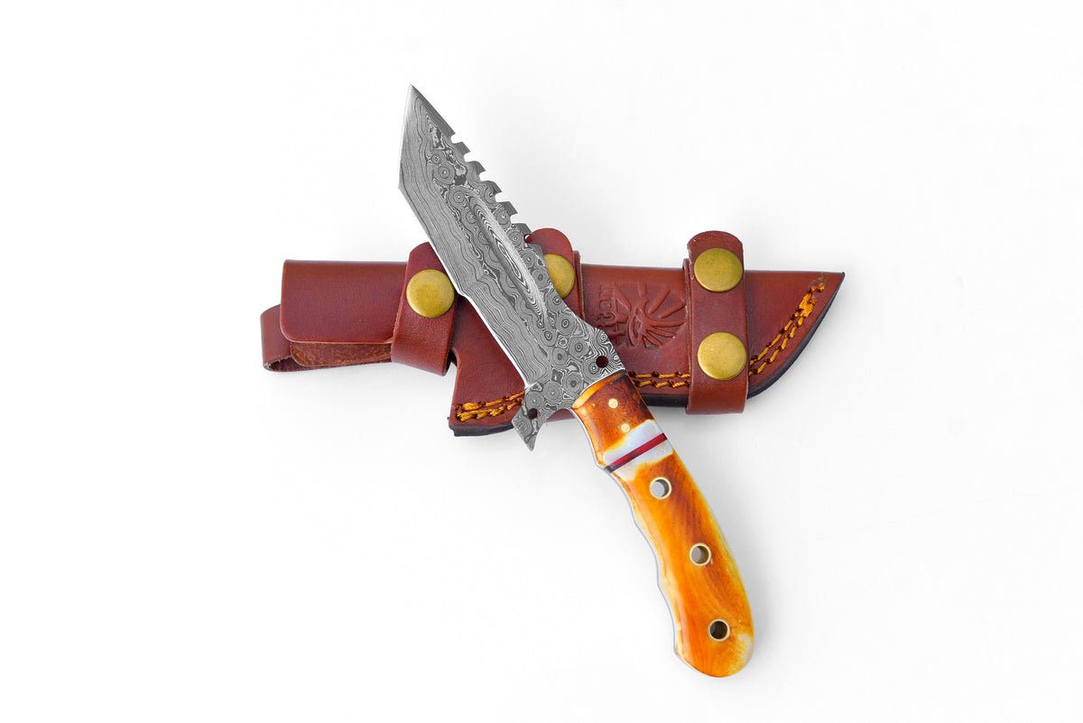 Flamed Vanguard TK-109 Damascus Tracker knife with orange handle in leather sheath on Tampa Home & Garden Store