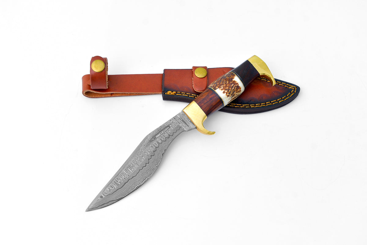 Damascus steel outdoor tool knife with stag antler walnut brass handle Titan International K on Tampa Home & Garden Store
